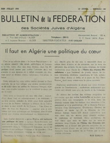 Bulletin de la Fédération des sociétés juives d’Algérie  V°12 N°100 (01/06/1945)